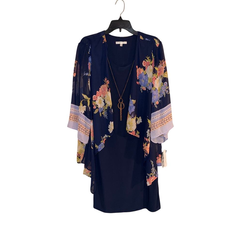 Sandra Darren L Navy Floral 2 Piece Jacket Dress Necklace NWT $114